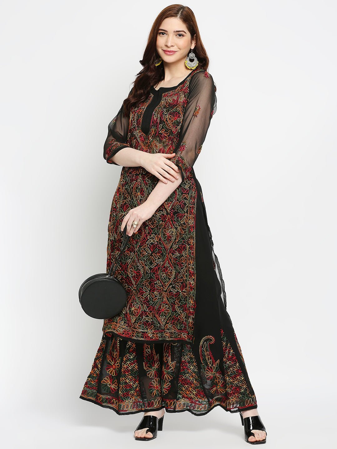 Lucknow Chikankari Hand Embroidered Long Kurta  with Sharara Set