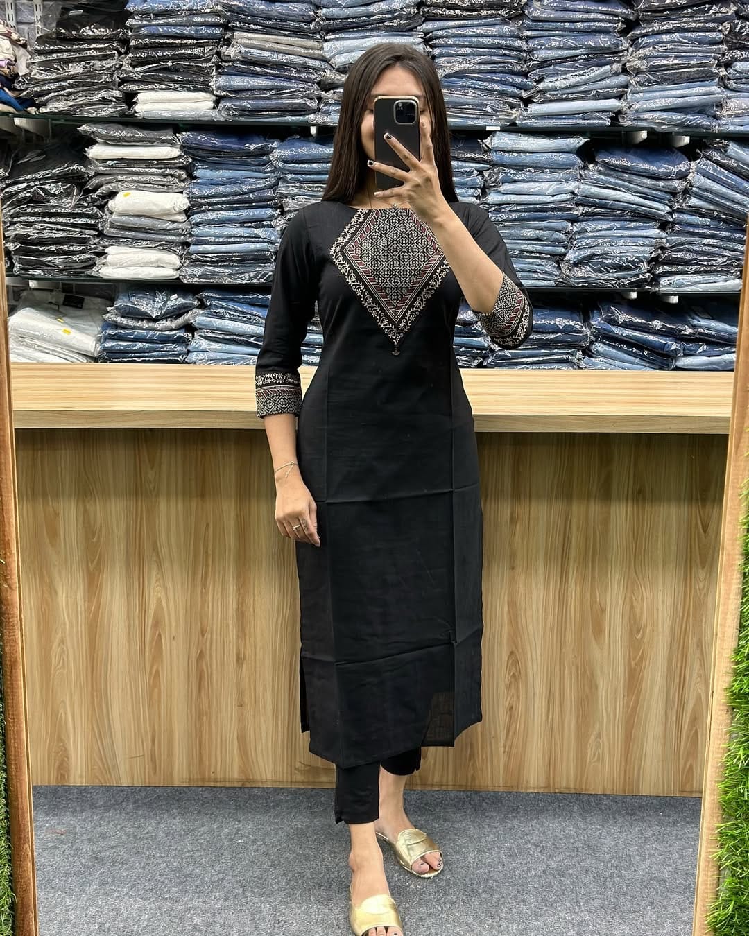 "Cotton Top with Pant in Digital Print and Mirror Work"