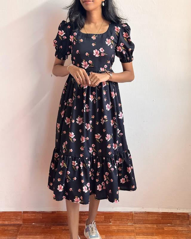 Elegant Black Cherry Blossom Maxi Dress: Soft Cotton