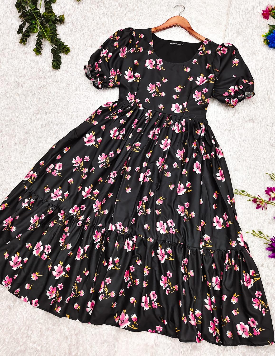 Elegant Black Cherry Blossom Maxi Dress: Soft Cotton