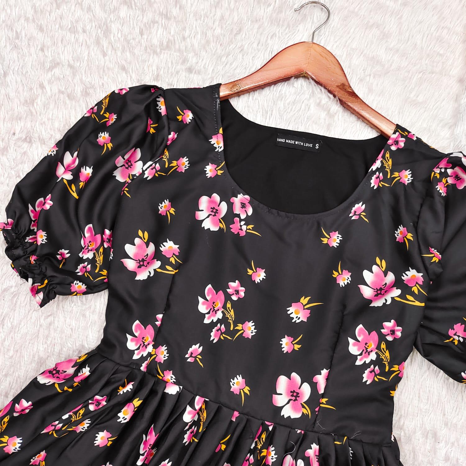 Elegant Black Cherry Blossom Maxi Dress: Soft Cotton