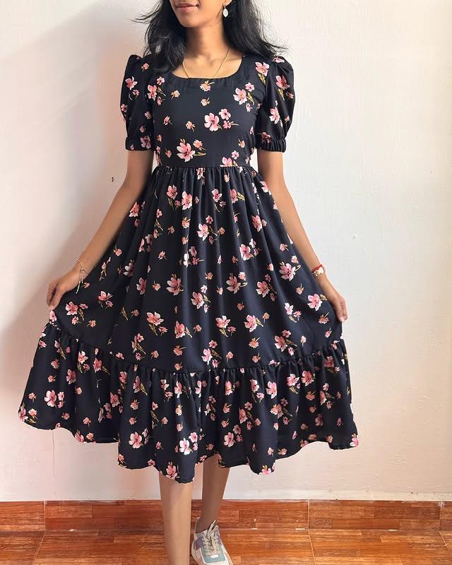 Elegant Black Cherry Blossom Maxi Dress: Soft Cotton